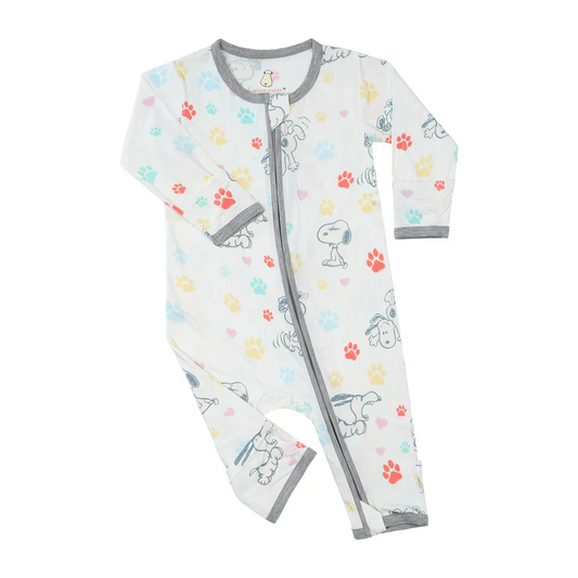 史努比雙拉鍊長袖連身衣 ( 彩色腳印白底 )