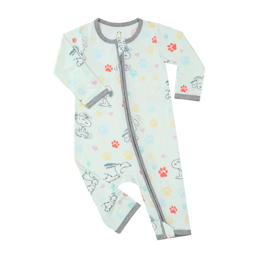 史努比雙拉鍊長袖連身衣 ( 彩色腳印綠底 )